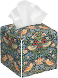 BLYKVGHQ Strawberry Thief Tissue Box Cover Square, William Morris Tissue Box Holder with Bottom Belt Leather Facial Paper Organizer Dispenser for Bathroom Bedroom Dresser Night Stand Tabletop