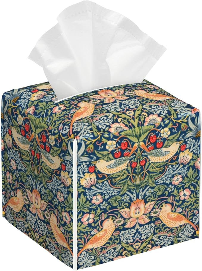 BLYKVGHQ Strawberry Thief Tissue Box Cover Square, William Morris Tissue Box Holder with Bottom Belt Leather Facial Paper Organizer Dispenser for Bathroom Bedroom Dresser Night Stand Tabletop