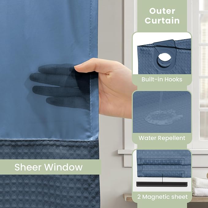 Inhousolu Extra Long No Hook Shower Curtain with Snap in Fabric Liner Set Waffle Weave 230GSM Weighted Hem, Waterproof & Washable Bathroom Curtain Spa with Mesh Top Window 72" W*84" L Moonlight Blue