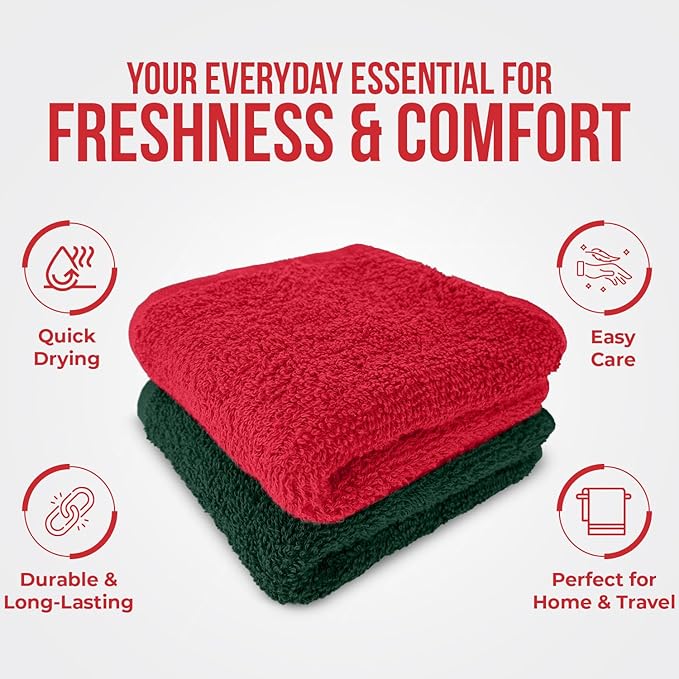 RIVERSIDE 24 Pack Christmas Washcloths Set - 100% Cotton [12x12 Inches] - Soft, Quick-Dry & Highly Absorbent Face Towels - Perfect for Bathroom, Gym, Hotel, Spa & Travel - Red Hunter Green