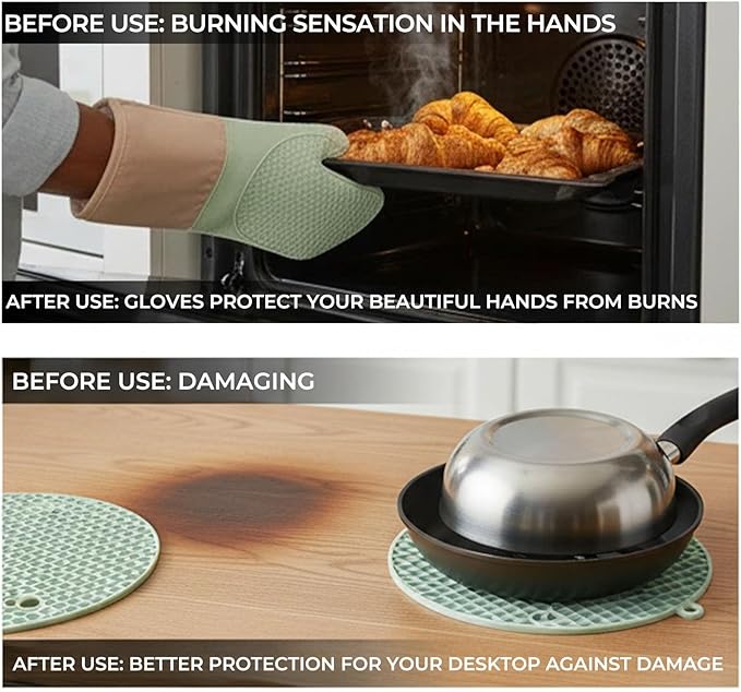 8-Piece Silicone Oven Mitts Set,Heat Resistant Kitchen Gloves with Soft Cotton Lining, Pot Holders,Silicone Trivet Mats,& Mini Mitts for Cooking,Baking,BBQ(Light Green)