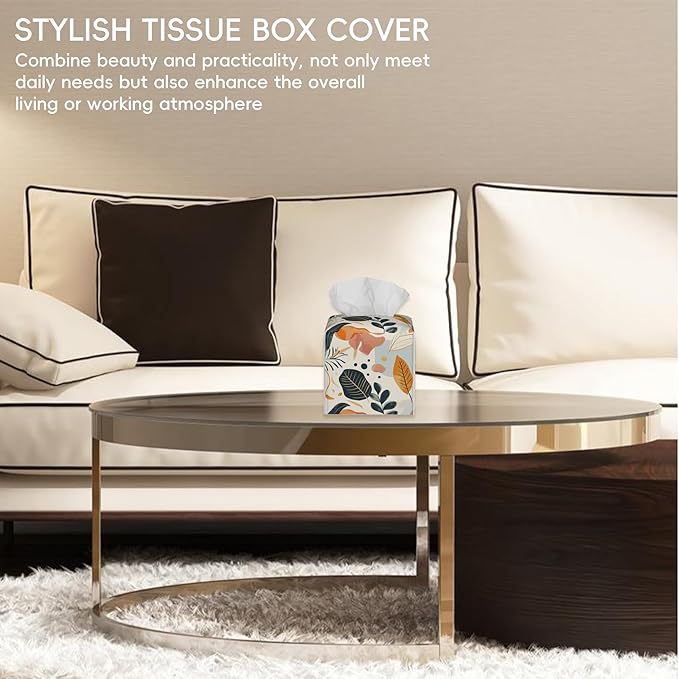 Tissue Box Cover Leather Tissue Box Holder Cube Tissue Case Cover Facial Paper Organizer Dispenser for Bathroom, Vanity Countertop, Office Desk (Tropical Abstract Leaves)