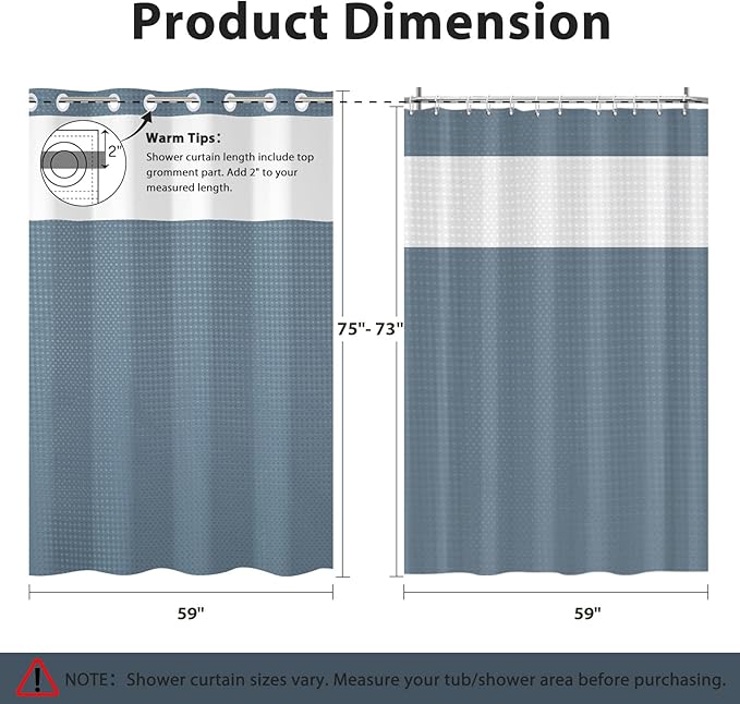 GICDSU No Hook Shower Curtain with Snap in Liner, Waffle Shower Curtain Set for Bathroom, Hotel Style with Semi-Sheer Top Window, Waterproof & Washable, Fog Blue, 59" W x 75" L