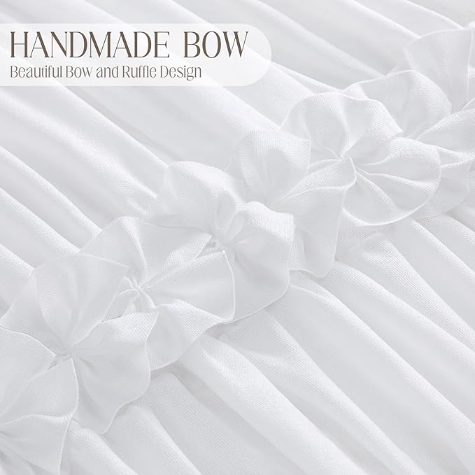 XOGUIBO White Ruffle Shower Curtain with Handmade Bow Tie, Linen Vintage Farmhouse Shower Curtain for Bathroom, 72" W x 72" H