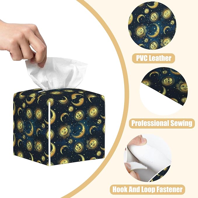 BLYKVGHQ Square Tissue Box Cover Sun Moon Stars Tissue Box Holder Facial Cube Paper Dispenser Leather Decorative Organizer Home Office Desk Decor, 5.2"x5.2"x5.2"