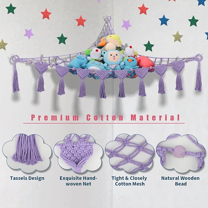 Stuffed Animal Storage Hammock, 56'' Jumbo Hanging Net Organizer for Nursery Teddy Plushie, Boho Macrame Tassels Corner Toy Holder Wall Mount, Purple Plush Toy Net w/LED Light for Boys Girls Gift