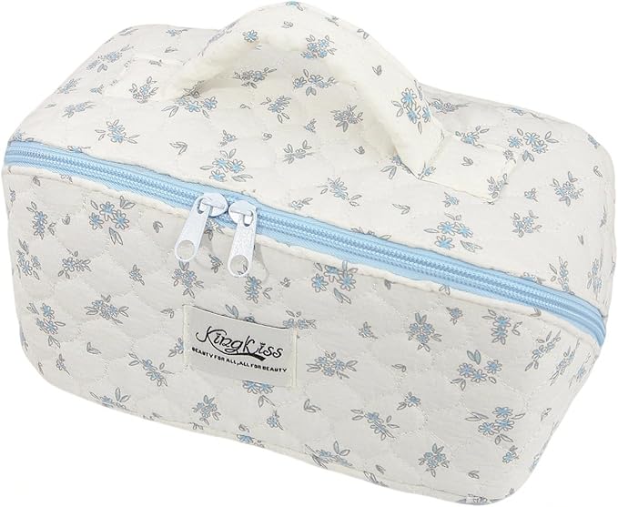 HiTotes Travel Makeup Bag Coquette Floral Cosmetic Bag Quilted Wide Open Lay Flat Toiletry Bag Cute Travel Makeup Pouch