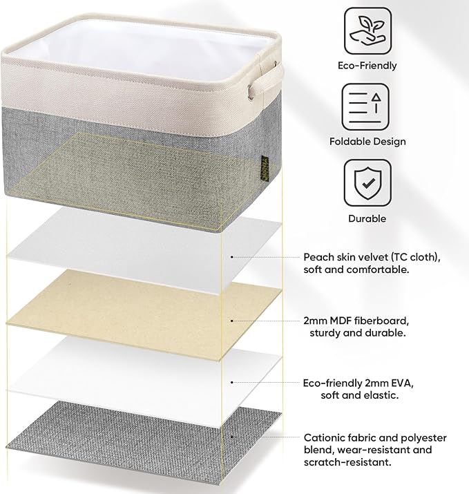 BALEINE 4 Pack Fabric Storage Bins for Shelves, Linen Storage Baskets for Organizing, Decorative Closet Bins for Clothes, Home (Grey, 15"x11"x9.5")