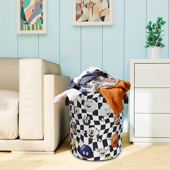 Ball Laundry Basket Oxford Cloth Funny Various Types Of Balls Laundry Hamper With Handle Foldable Portable Clothes Storage Basket 18.9 X 16.5 Storage Bag For Laundry Room/Bathroom/Bedroom/Dormitories