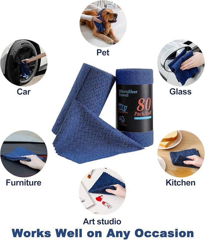 Tigona 80 Pack Microfiber Cleaning Cloth Roll Reusable Paper Towels 12"x12" Tear Away Cloth,Absorbent Dish Rags for House Kitchen,Wash Cloths,Lint Free Rags for Window Cars Cleaning Supplies