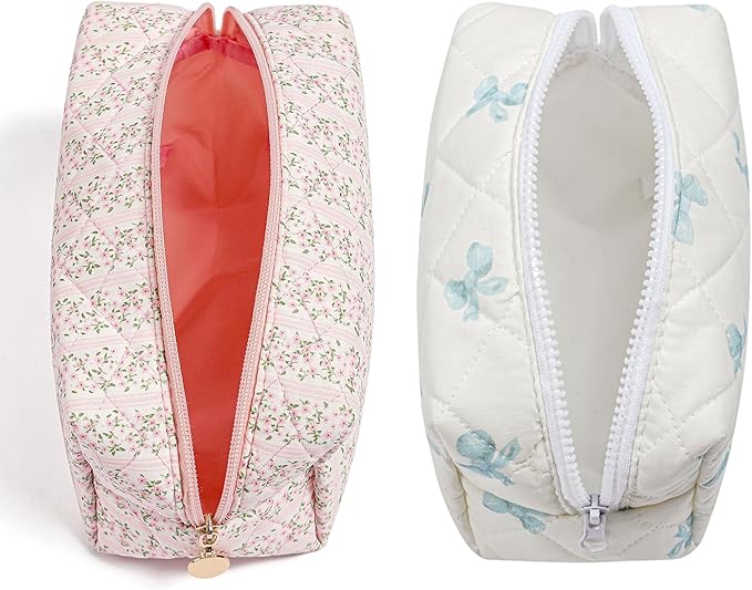 Gleyemor 2 Pieces Quilted Makeup Bag, Cute Floral Cosmetic Bag for Women, Cotton Make Up Bag Set, Flower Travel Toiletry Bag (Pink Floral+ Blue Bowknot)