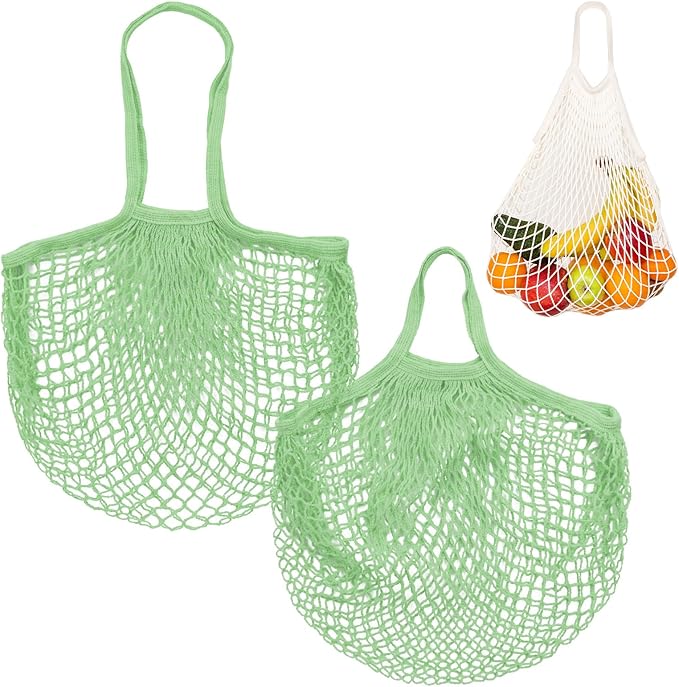 M METERXITY 2-Pack Cotton Mesh Bag, Reusable Washable Mesh Net String Grocery Bags, Reusable Produce Bags with Handle, Net Tote Bag for Fruits/Vegetables Shopping [Avocado, Long&Short Handle]