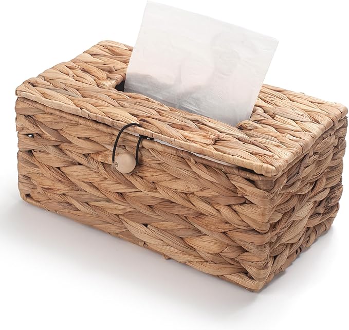 Water Hyacinth Tissue Box Cover Rectangular Decorative Woven Tissue Box Holder for Table Bathroom (10.2 x 6.1 x 4.7 inch)