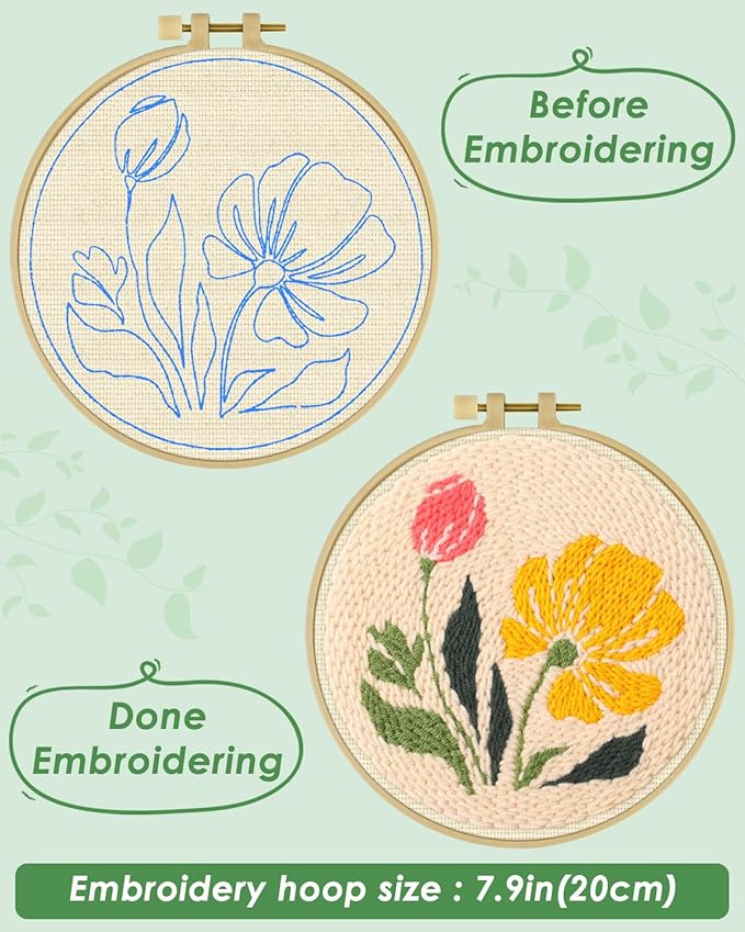 ERKOON Punch Needle Kit Adults Beginners, DIY Easy Floral Embroidery Set for Starter Art Craft, Needling Punch Project with Patterns, Tools, Yarns, Hoop, Instruction (Rhubarb Flowers)