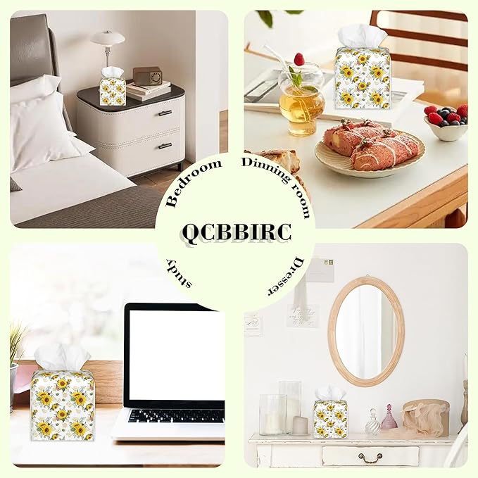 Sunflower Bouquets and Butterflies Tissue Box Cover Square Leather Tissue Holder Waterproof Facial Paper Organizer Dispenser Cube Paper Cover Case for Home Office Bathroom Vanity Countertop