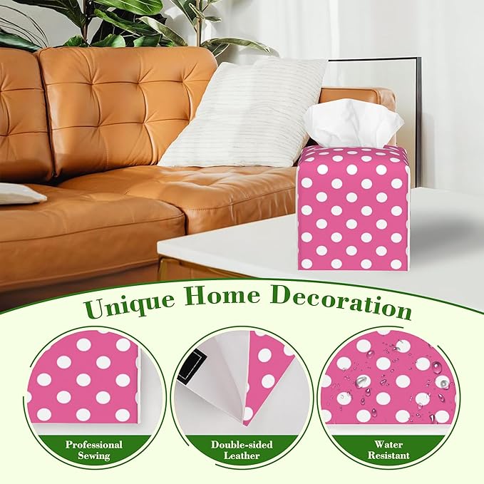 Pink Polka Dot Tissue Box Cover Square Leather Tissue Holder Waterproof Facial Paper Organizer Dispenser Cube Paper Cover Case for Home Office Bathroom Vanity Countertop