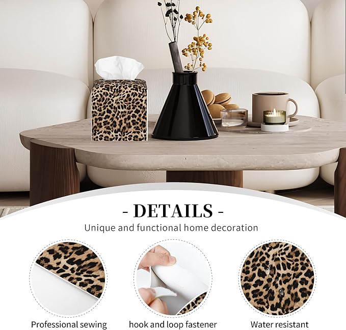 POIUBLE Leather Tissue Box Holder Leopard Print Tissue Box Cover Square Waterproof Tissue Holder Organizer Modern Napkin Holder for Bedroom Dresser Night Stand Office Desk