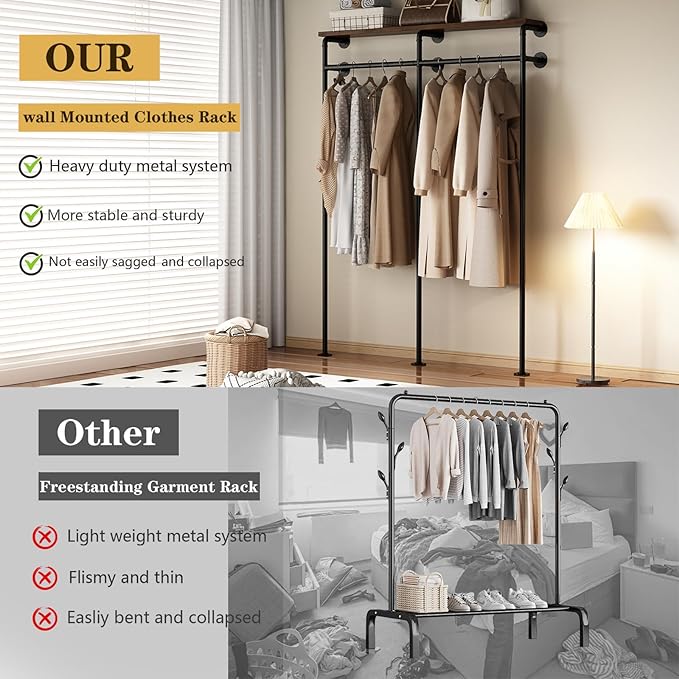 KAILNKISS Industrial Pipe Clothes Rack, Wall Mounted Clothing Rack with Shelves, Heavy Duty Closet Organizers Wardrobe Multi-Purpose Storage Clothes Hanging Shelf-59''L Black
