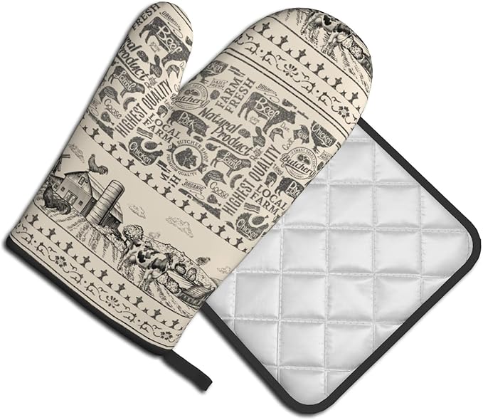 Farmhouse Oven Mitts and Pot Holders Set of 2, Vintage Cow Farm Animal Oven Gloves Rooster Hot Pads Heat-Resistant Non-Slip Kitchen Accessories Gloves Potholders for Chef Baking BBQ Cooking Gifts