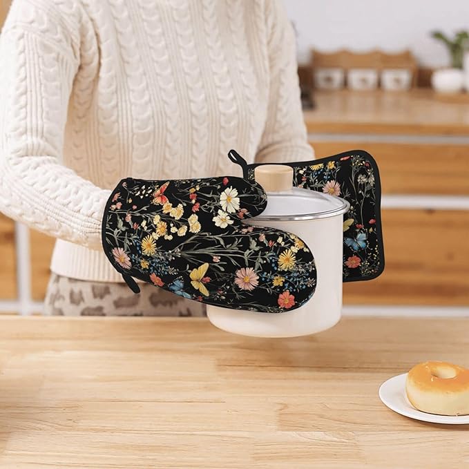 Oven Mitts Pot Holders Set Vintage Butterfly Flower Botanical Silicone Kitchen Gloves Potholders Heat Resistant for Chef Baking Cooking Grilling BBQ 4 Pack Mitt