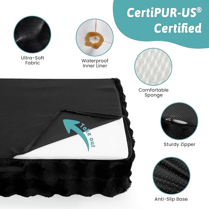 COZY KISS Faux Rabbit Fur Orthopedic Dog Bed, Large Dog Bed, Supportive Foam Pet Sofa with Waterproof Lining Cover, Washable U-Shaped Pet Couch with Anti-Slip Bottom Design, Black XL 42x30x7 inch