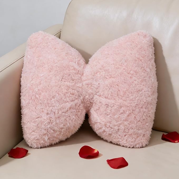 VigorSpring Pink Bow Plush Pillow 15.7x13.7 Inch, Cute Bow Shaped Decorative Throw Pillow for Couch Bed Bedroom Living Room