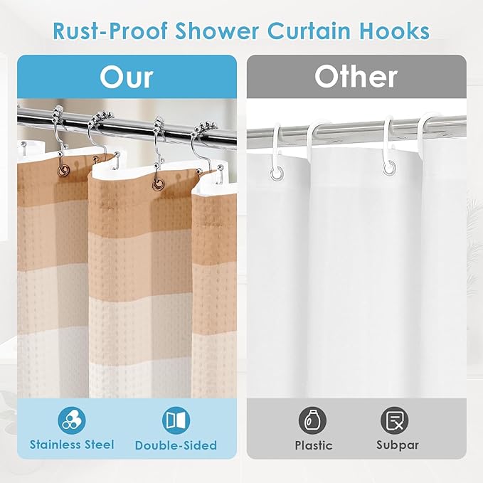 Nesphy Shower Curtain and Liner, Ombre Beige Striped 3 in 1 Shower Curtain and PEVA Liner Set with 12 Rust-Resistant Metal Hooks, Waterproof Fabric Shower Curtains for Bathroom, 72 W x 72 H