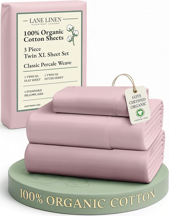 LANE LINEN 100% Organic Cotton Twin XL Bed Sheets Set, Machine Wash Fully Elasticized Twin XL Sheet Sets, Luxury Hotel Percale Bedding Sheet & Pillowcases, Soft & Comfy -Sepia Rose