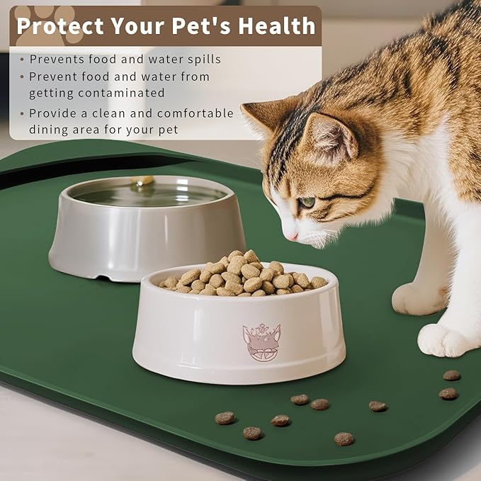 Smilool Silicone Pet Food Mat with Raised Edge for Food and Water Bowl, Dog Feeding Mats, Cat Food Trays for Floor Waterproof, Rubber Tray for Dogs and Cats, 22 x 14 x 0.8 Dark Olive