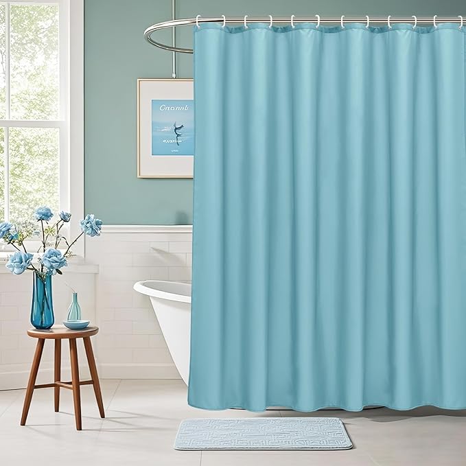 AooHome Extra Long Shower Liner, Fabric Bathroom Curtain with Hooks for Hotel, Weigthed Hem, Waterproof, 72 x 84 Inch, Blue