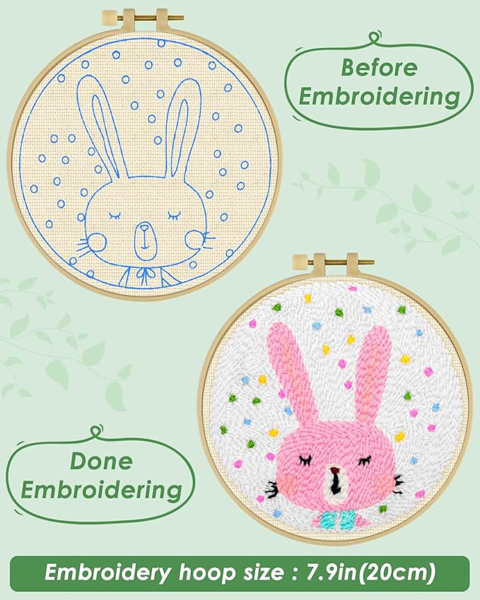 ERKOON Punch Needle Kit Adults Beginners, DIY Easy Animals Embroidery Set for Starter Art Craft, Needling Punch Project with Patterns, Tools, Yarns, Hoop, Instruction (Rabbit)