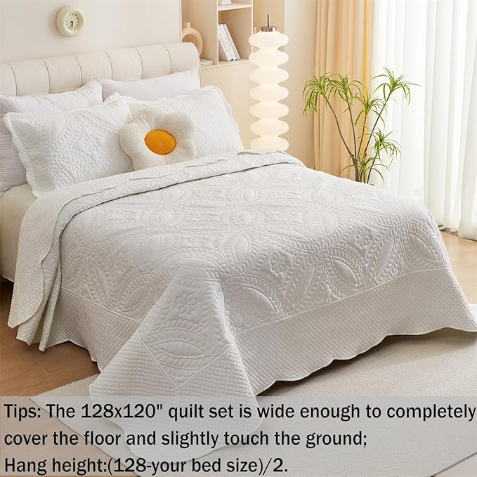 Cmfshape Oversize King Bedspread 128"x120",3 Piece California King Quilt,Lightweight White Quilt Set for All Season,Modern Coin Pattern Bedding Set