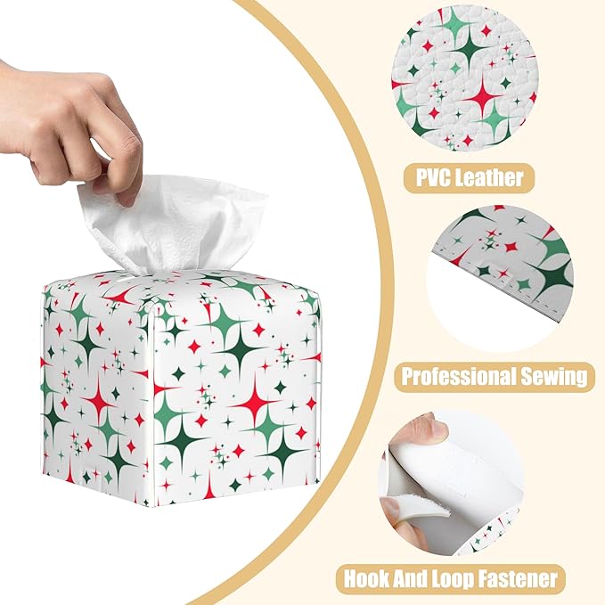 BLYKVGHQ Square Tissue Box Cover Retro Christmas Stars Tissue Box Holder Facial Cube Paper Dispenser Leather Decorative Organizer Home Office Desk Decor, 5.2"x5.2"x5.2"