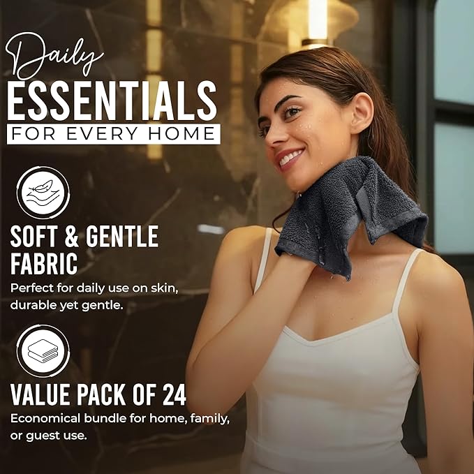 RIVERSIDE 24 Pack Washcloths Set - 100% Cotton [12x12 Inches] - 500 GSM, Soft, Quick-Dry & Highly Absorbent Face Towels - Perfect for Bathroom, Gym, Hotel, Spa & Travel - Charcoal