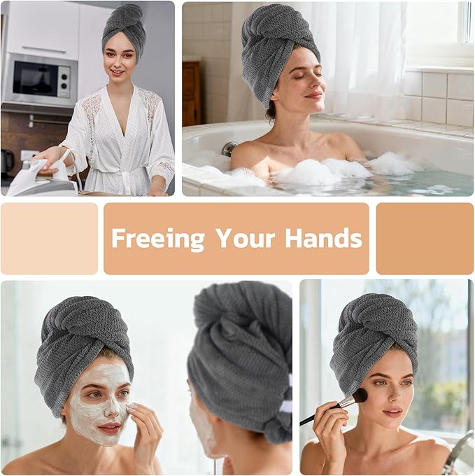 SUNLAND Microfiber Hair Towel Wrap, Hair Drying Towel with Button, Hair Turbans for Wet Hair Head Towel to Dry Hair Quickly 2 Pack