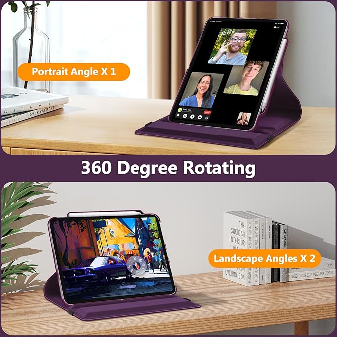 Fintie Rotating Case for iPad Air 13-inch (M3) 2025, (M2) 2024-360 Degree Swiveling Protective Stand Cover with Pencil Holder, Auto Wake/Sleep, Purple