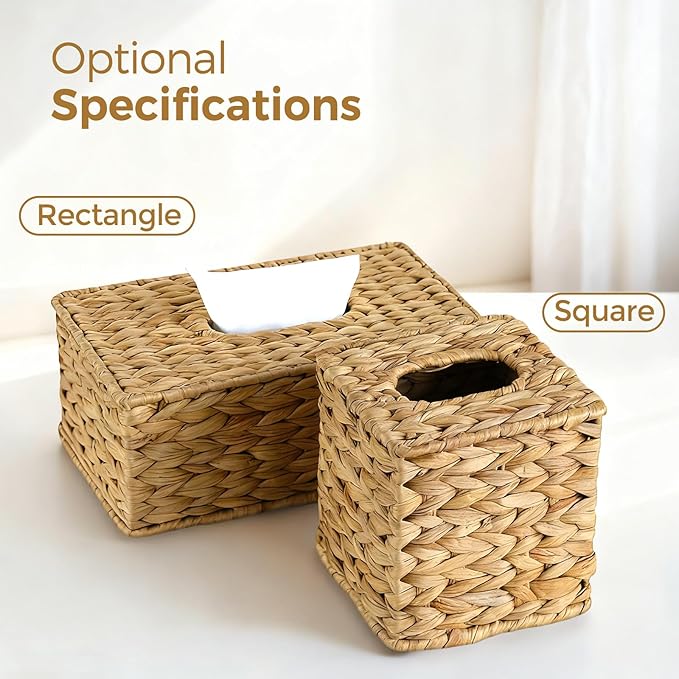 KALEKAIL Wicker Tissue Box Cover, Rattan Tissue Box Holder Square, Boho Decorative Woven Water Hyacinth Cube Tissue Holders for Bathroom Living Room Kitchen