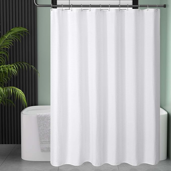 AmazerBath Waffle Shower Curtain White, Stall Shower Curtain 36x78 Inches, 240GSM Heavy Duty Fabric, Hotel Quality, Bathroom Accessories