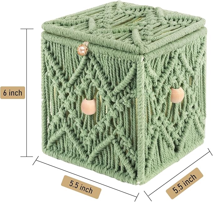 KaloKalo Handmade Tissue Box Cover Decorative Macrame Boho Square Tissue Holder Cotton Rope Woven Napkin Facial Paper Organizer Bohemian Desk Storage Container with Buckle Wood Beads (Light Green)