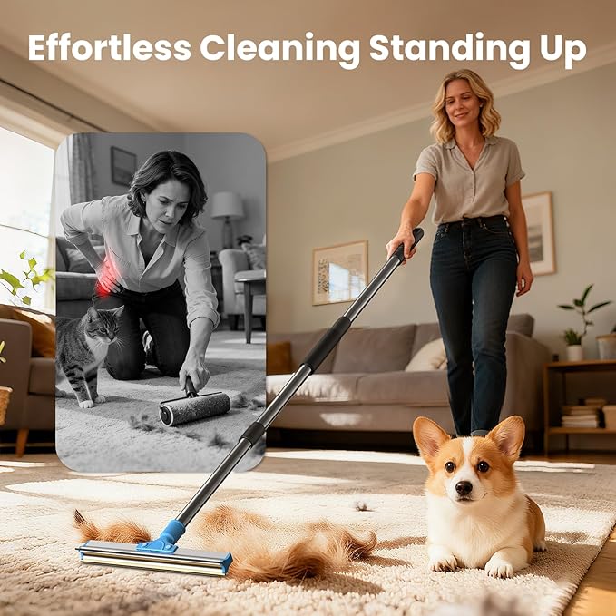 4 in 1 Carpet Rake for Pet Hair Removal - Dog Cat Fur Remover Scraper Broom, 48" Adjustable Carpet Rake, Hair Removal Glove, Handheld Brush, Grooming Brush, Cleaner Tools for Rugs, Mats, Sofa, Bed