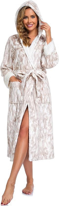 RONGTAI Womens Plush Fleece Hooded Bathrobe, Thick Nightgown Long Robe Sleepwear with Two Side Pockets and Belt