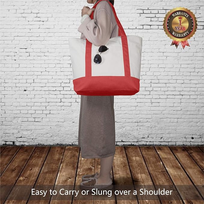 TOPDesign 3-Pack Canvas Tote Bags with an External Pocket, Reusable Grocery Shopping Bags, Top Zipper Closure, Daily Essentials (Red/Natural)