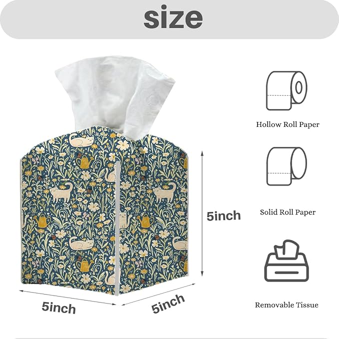 Tissue Box Cover, Tissue Box Holder, Square with Belt Bottom, PU Leather Decorative Organizer for Desk, Tabletop, Countertop Bathroom, Toilet Car, Office, Dresser Bedside, Cute Cat Flower Decor