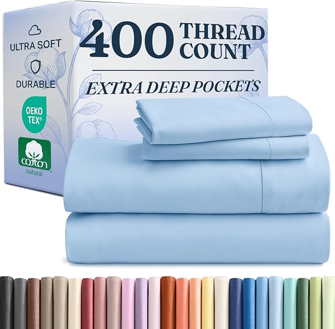 Extra Deep Pockets 400 Thread Count 100% Cotton 4 Piece King Size Bedding Sheet Set - Breathable & Cooling - Hotel Luxury Bed Sheets Set - Soft, Wrinkle Free And Comfy Light Blue Bedding Sheets Set