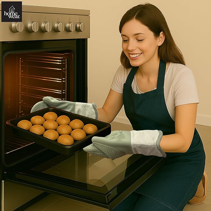 Homewear Marlow Silicone Extra Long Oven Mitt 2 Piece Set, Heat and Slip Resistant, Recycled Cotton with Soft Lining, Thick Kitchen Gloves for Cooking, Green