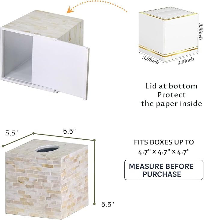 PEMAR Handcrafted Wooden Tissue Box Cover for Small Cube Tissue Boxes Only (Max Inner Size 4.7”) – Mother of Pearl Inlay Decorative Tissue Holder for Bathroom, Living Room & Office (Milano)