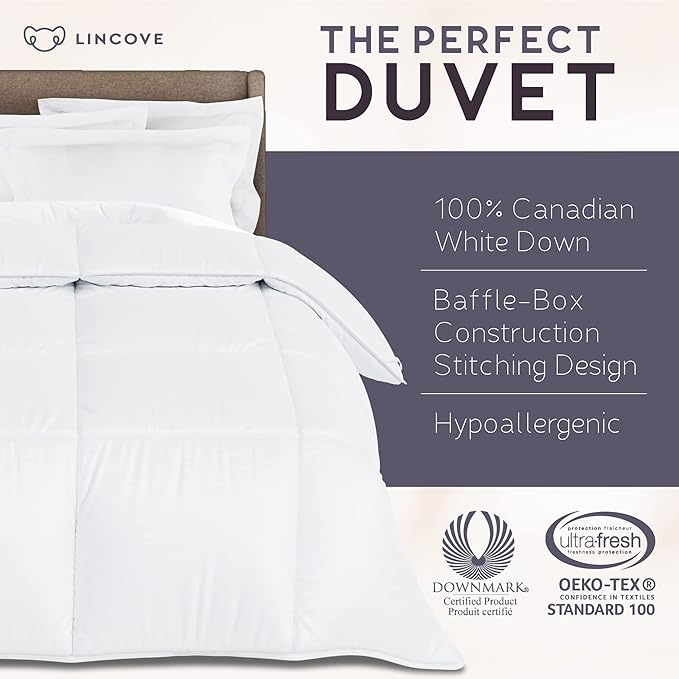 Lincove Canadian Down Comforter – All-Season Warmth Duvet Insert – Corner Loops in Each Corner, 600 Thread Count - 100% Cotton Sateen Shell, Twin