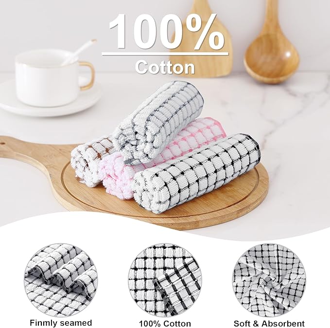 Kitinjoy Cotton 16 Pack Kitchen Towels and Dishcloths Sets, 16 x 25 Inch & 12 X 12 Inch Dish Towels Bulk, Super Soft and Absorbent Hand Towels for Kitchen Drying, Black