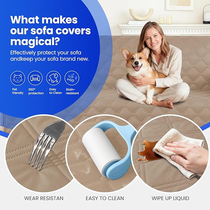 CYCMACO Waterproof Dog Bed Cover, Non-Slip Dog Blanket for Couch, Couch Covers for Dogs Washable, Pet Blanket for Furniture, Pet Bed Mat for Sofa, Car, Pet Supplies (82x82 Inch, Khaki)