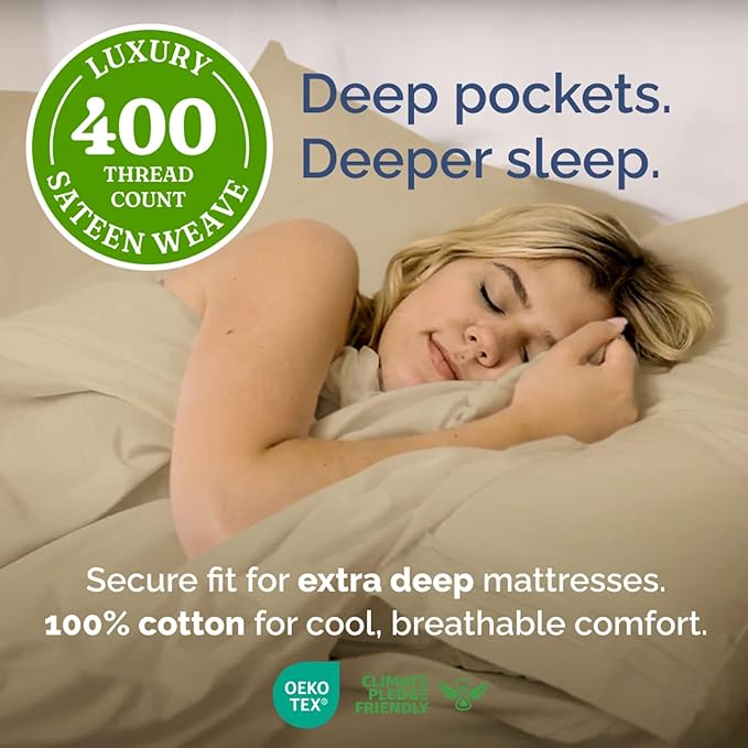 Extra Deep Pockets 400 Thread Count 100% Cotton 4 Piece Queen Size Bedding Sheet Set - Breathable & Cooling - Hotel Luxury Bed Sheets Set - Extra Soft, Wrinkle Free & Comfy Beige Bedding Sheets Set
